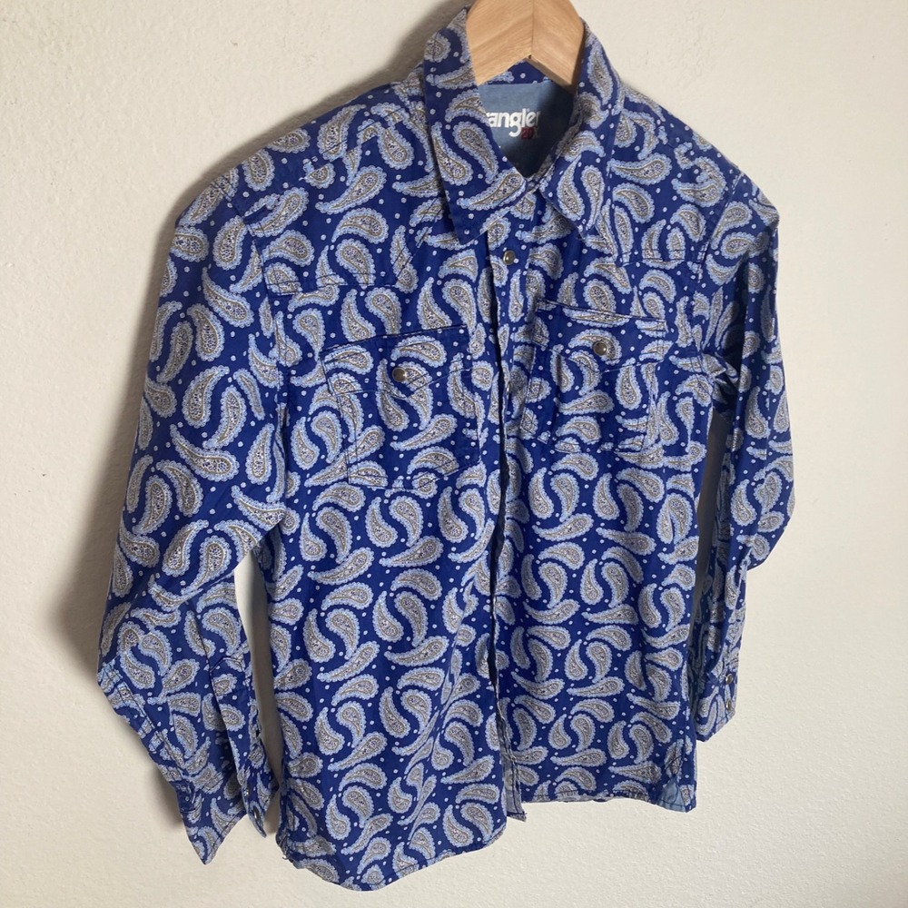 Wrangler Western Shirt Womens L Blue 20X Paisley Pearl Snap Stretch Cowgirl